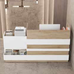 87.2 inches Modern Minimalist Natural Reception Desk With Drawer And Keyboard Tray