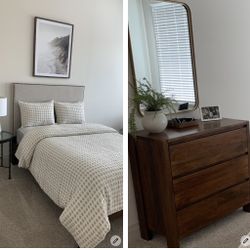 2 piece Set:  West Elm Upholstered Full Size Headboard With Wooden Full-size Bed Frame And matching Three Drawer Wooden Dresser 
