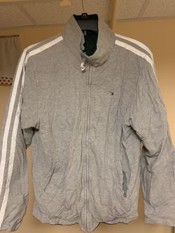 M Tommy Hilfiger zipup reversible green gray white stripes. Pockets outside and in. Great windbreaker