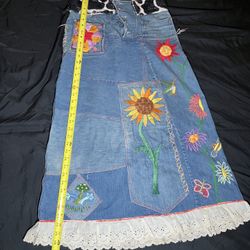 One of One Handmade Patchwork Denim Skirt – Embroidered Floral Boho Midi