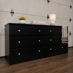 HUGE 6-Drawer Wide Dresser w/ Silver Knobs, Black Finish