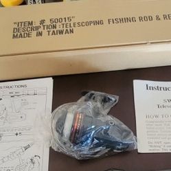 Telescoping Fishing Rod And Reel And Tin Tracker Tackle Box With Items ! All new
