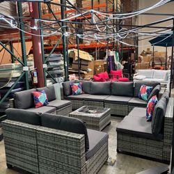 New set of 11pcs outdoor rattan conversation set in gray. (Throw Pillows not included)