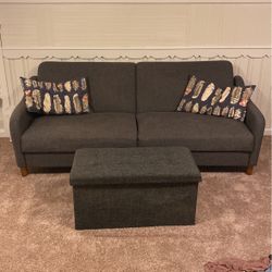 Fabric Couch W/ Pillows And Storage Ottoman 