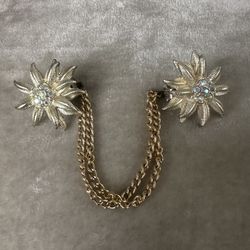 Vintage 1950’s Sweater Clip, Brushed & Textured Gold Flowers, Aurora Borealis Rhinestones, Double Gold Chain Link Connector, Clips Have Grooved Teeth 