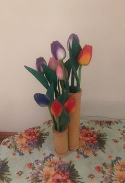 Wooden tulips in wooden vase