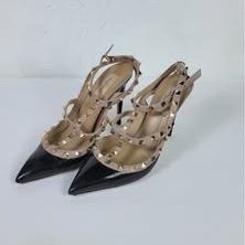 Valentino Black/Beige Patent Leather And Leather Rockstud Ankle Strap Pumps Size 40