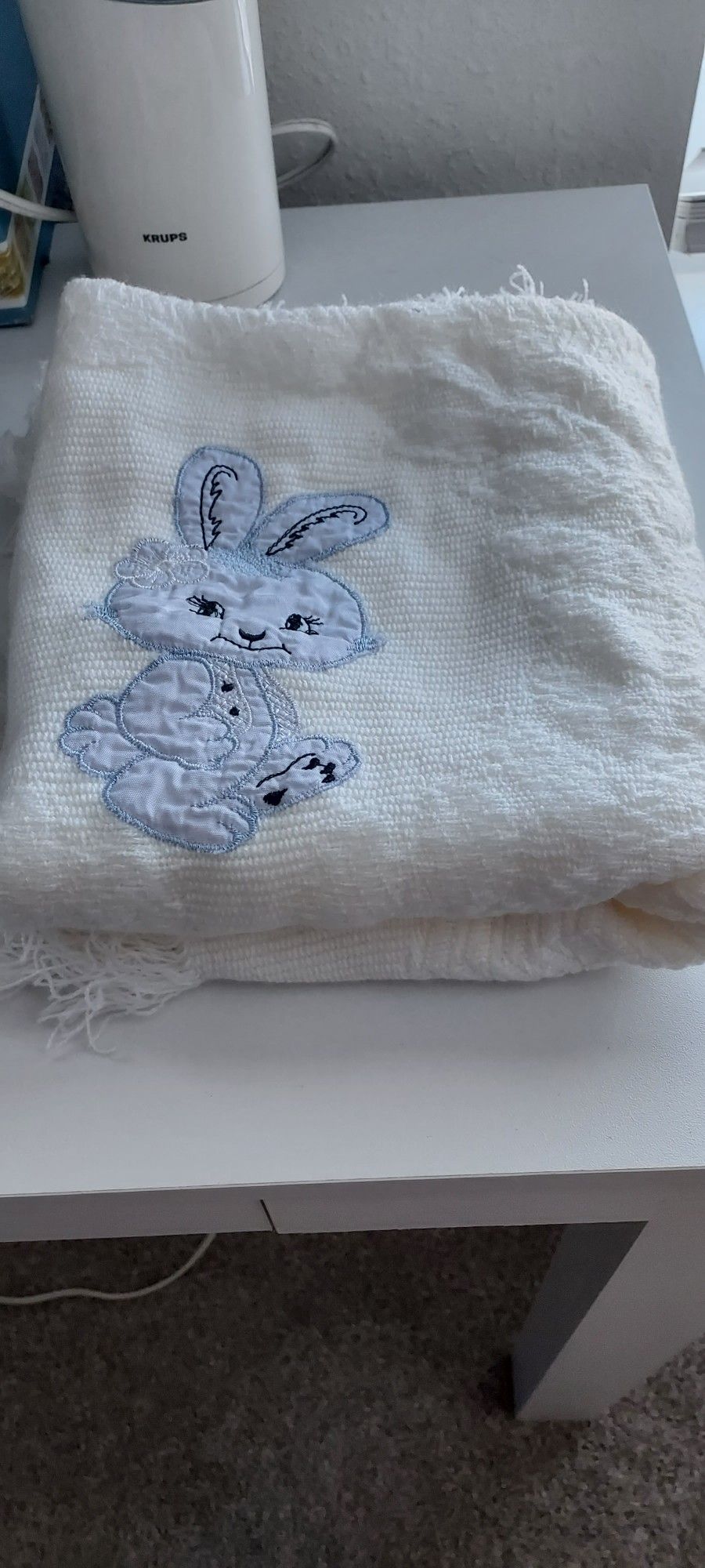 Teyci White Baby Blanket Blue Bunny Applique 38x32" Lovey Acrylic Fringe Nursery