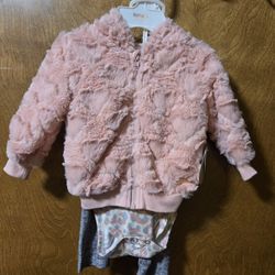 New w/tags 3-6 Mo. Baby Girl Pink 3 pc set: Fake Fur Coat, Body Suit, and Long Pants. 