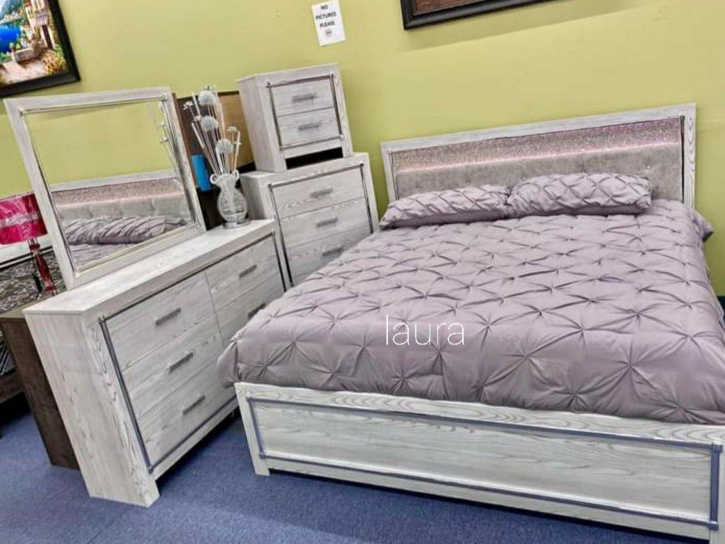 💛New Furnitures > _ free delivery queen or king bed frame dresser mirror nightstand chest  Alt  White Upholstered Bookcase Led Pan BEDROOM  Set