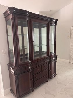 Dark Cherry Wood China Cabinet with Glass Doors