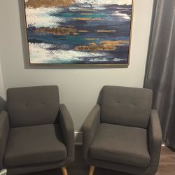 Two Office Chairs And Two Gold Green Artwork Frame
