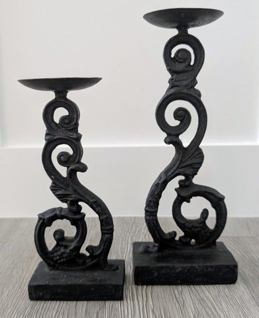 Vtg Victorian Style HEAVY Cast Iron Scroll Candle Sphere Holders MisMatched Pair