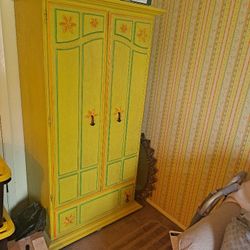 Vintage Stanley Ole Yellow Armoire And Desk