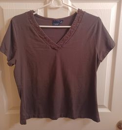 Brown V-Neck Top With Copper Colored Embellishments 