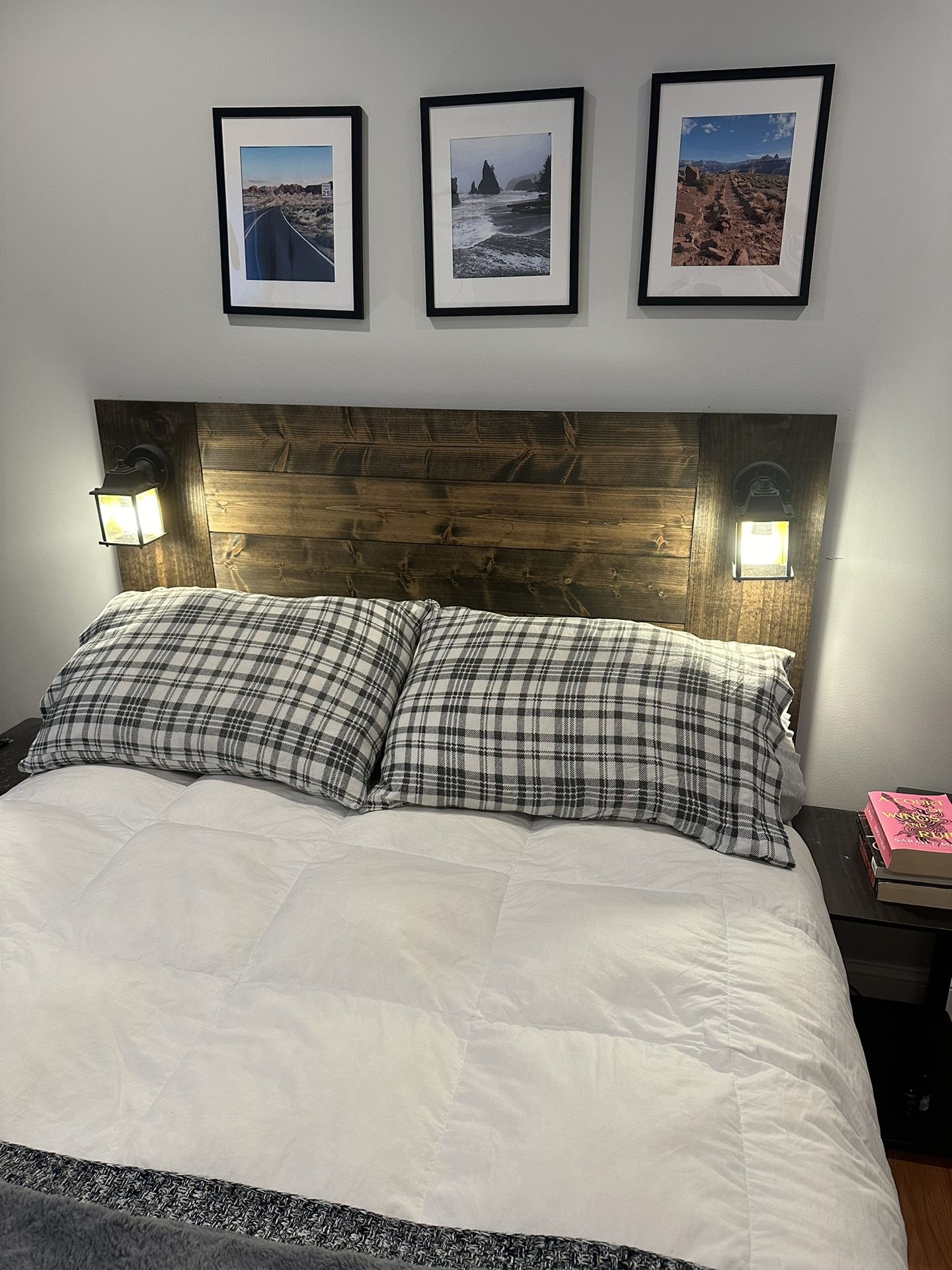 Rustic Wooden Hanging Headboard with Lamps
