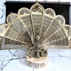 Gargoyle or Griffin Brass Peacock Fan Vintage Fireplace