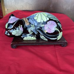 VTG Chinese Sleeping Cat Sz 10" Floral Porcelain Figurine Kitsh Cottagecore Decor , BEST OFFER