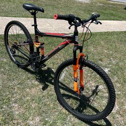 Mongoose full suspension mountain bike black orange red 26”