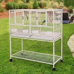 White Center Divider Breeding Bird Cage With Rolling Stand 