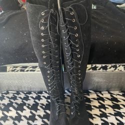 Knee High Black Suede Lace Up Boots