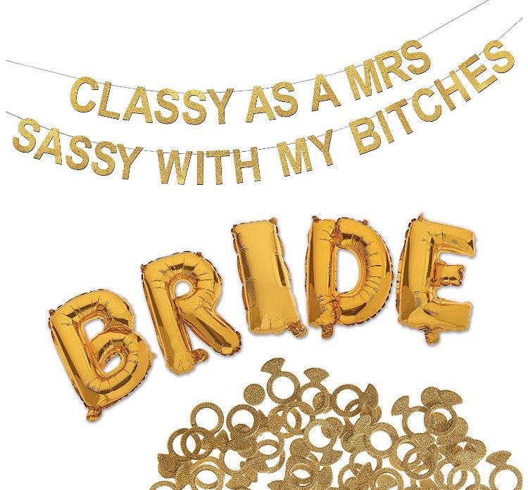 NEW! Bachelorette Party Decorations Bridal Shower Kit - 3 Piece Gold Set, Classy Shimmering Banner, Bride Foil Balloon, Ring Confetti | Premium Party