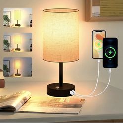 Bedside Lamp with USB Port Outlet, Touch Control Table Lamp for Bedroom, 3 Mode Dimmable Nightstand Lamp with Round Flaxen Fabric Shade for Living Roo