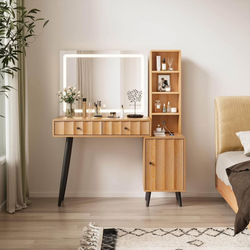 44" W x 55" H Vanity Desk Mirror with Light, Makeup Vanities Large Wave Fluted Dressing Table & 2 Dr