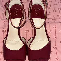 Alex Marie Burgundy Patent Block Heel Sandals With Ankle Strap   