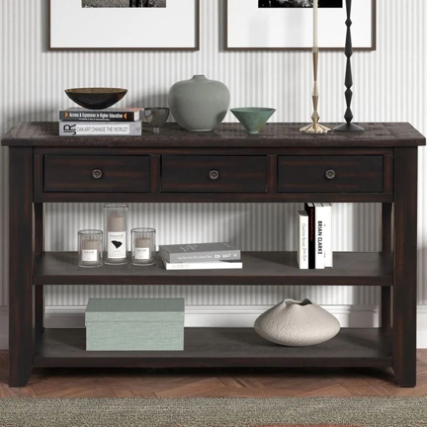 NEW 48 in. Black Rectangle Solid Pine Wood Top Console Table Entryway Sofa Side Table with 3 Storage Drawers and 2 Shelves