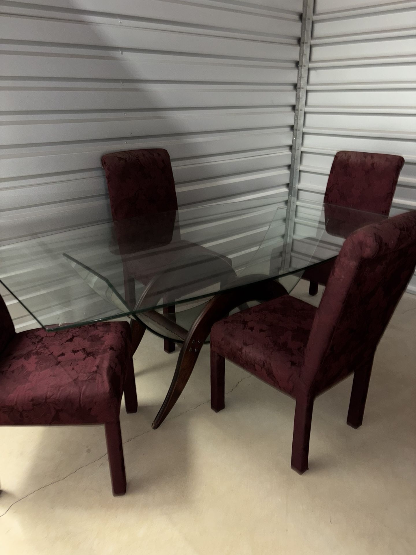 Modern Glass Dining Table Set -sculptural Wood Base -4 Chairs