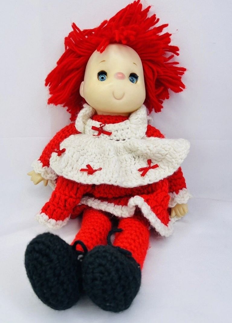 Crochet Doll Ice Cream Face Red & White Dress Red Yarn Hair Plush Black Shoes