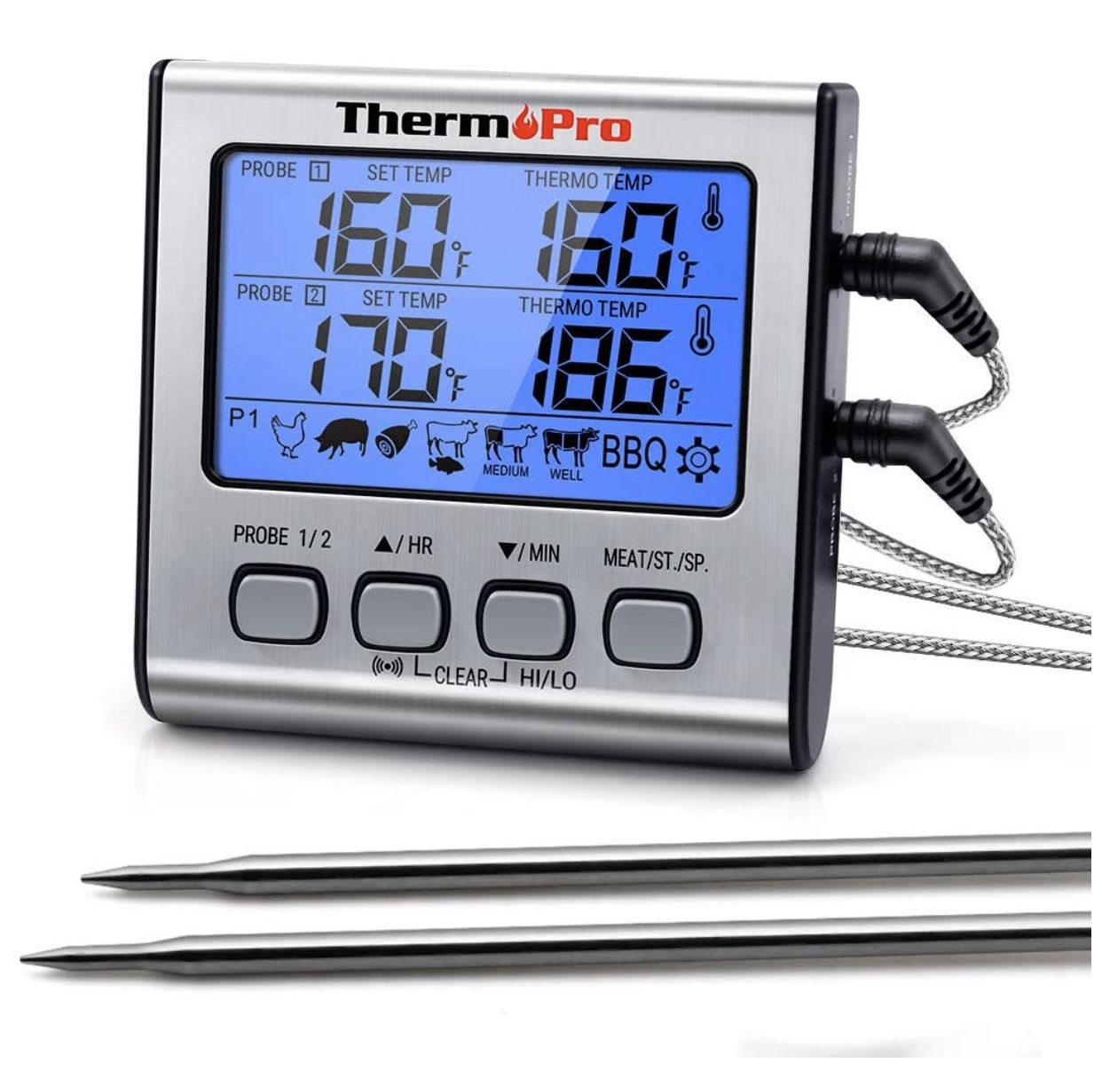 ThermoPro TP-17 Dual Probe Digital Cooking Meat Thermometer Large LCD Backlight Food Grill Thermometer with Timer Mode for Smoker Kitchen Oven BBQ, S