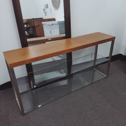59"W Wood Top Clear Glass Shelves Console Table.