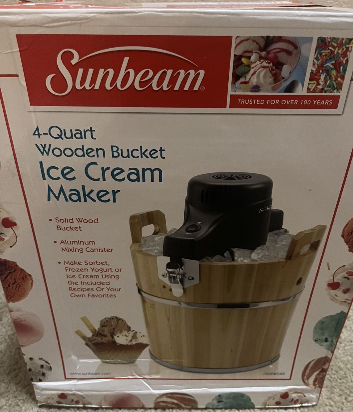 Sunbeam Electric Ice Cream Freezer Maker 4 Quart Solid Wooden