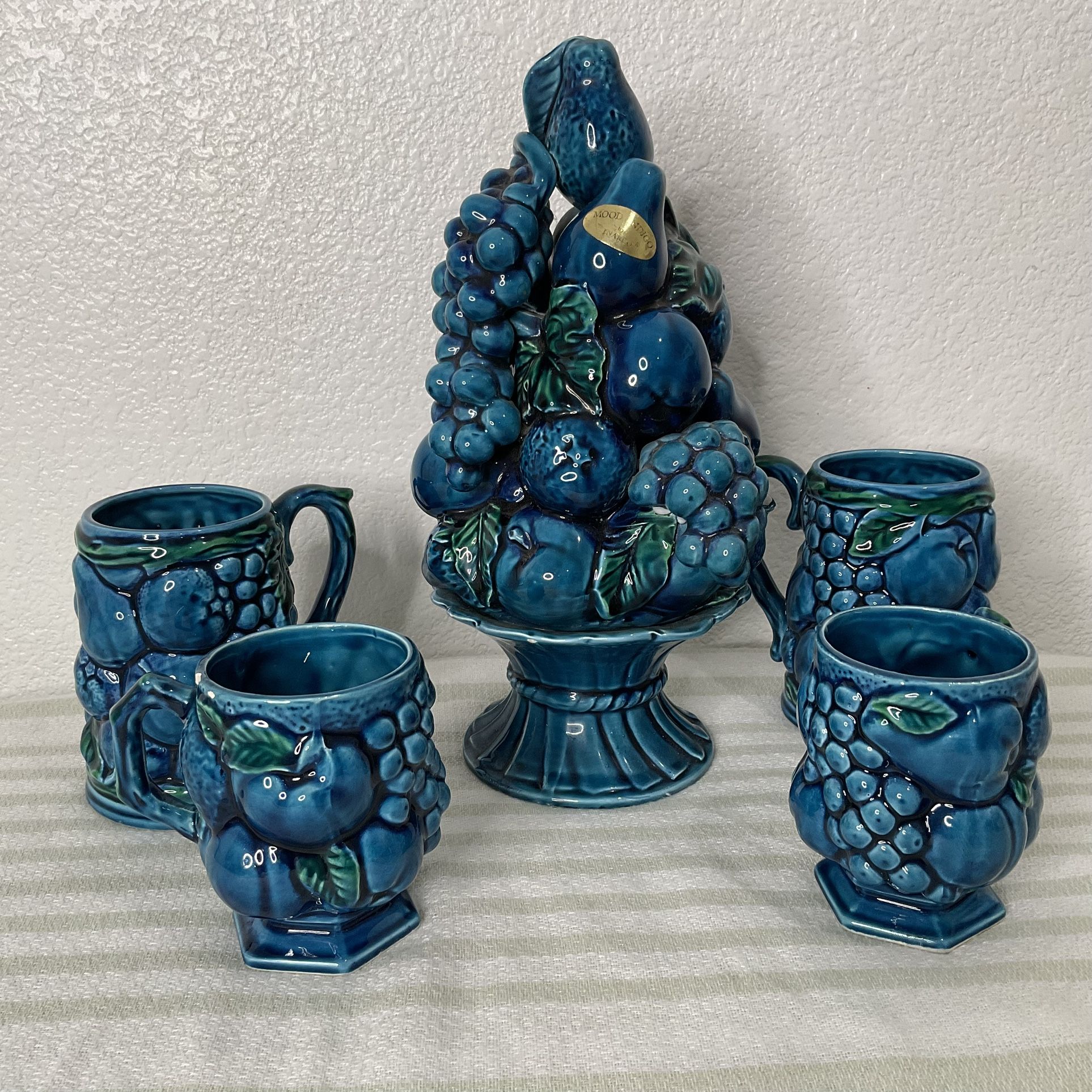 Vintage Inarco "Mood Indigo" blue ceramic fruit topiary sculpture or centerpiece with Coffee Cups And Mug Cups
