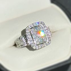 14K White Gold 3CTW Natural Diamond Baguette& Round cut Ring sz 7