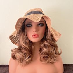 Straw Sun Hat with Detachable Wig Hairpiece, Short 12 Inch Synthetic Wavy Hair Extension, Foldable Bonnet for Summer Beach Outdoors, Brown/Blonde, NEW