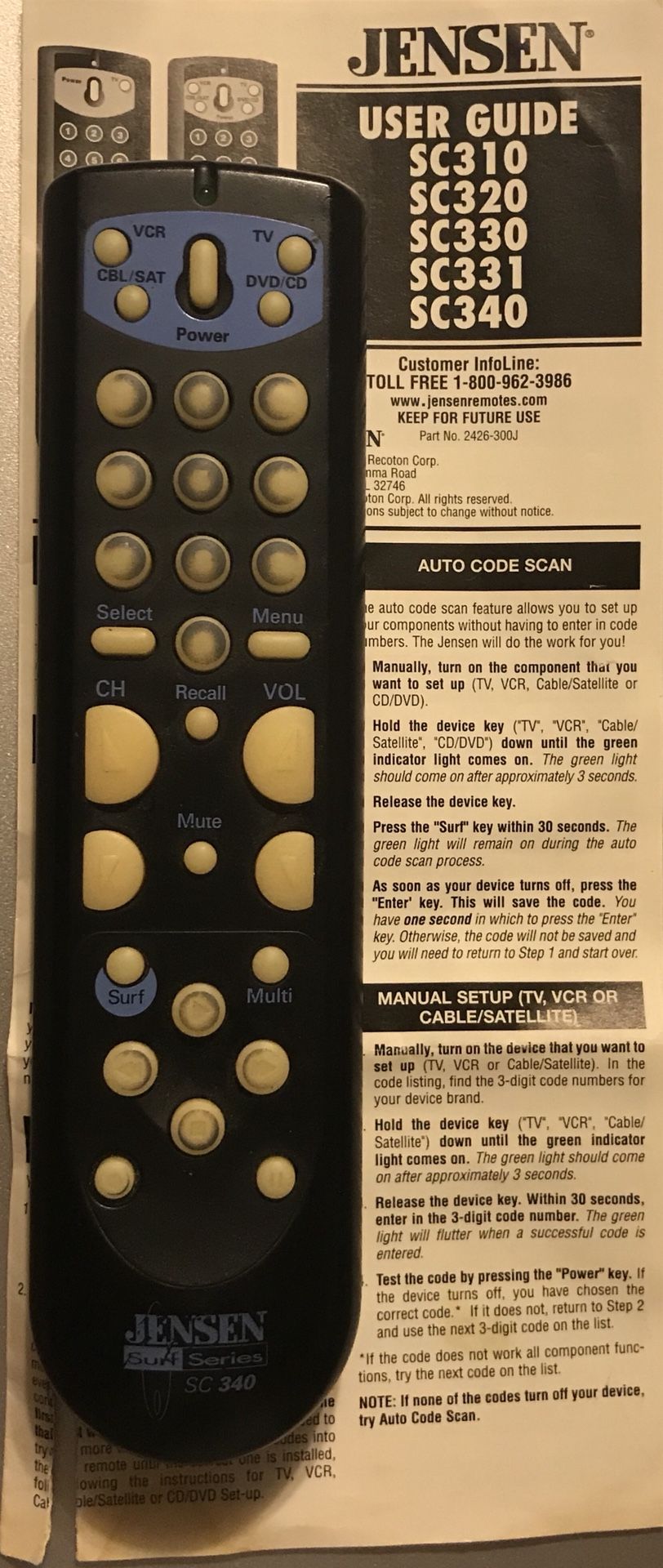 Jensen SC-340 Home-Theater Universal Remote Control w/ User Manual