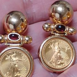 14k Earings & Garnets 22k Real 1996 Coins