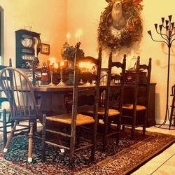 French Oak Antique Trestle Table W/2 Leafs & 7 Ladder Back Chairs W/Original Rush Seats