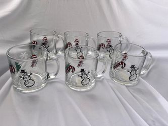 Starbucks Christmas Clear Glass Mugs Snowman Candy Cane Set of 6 NEW - Vintage