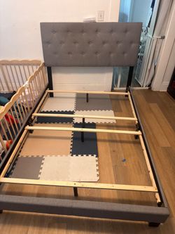 Full Size Gray Tufted Upholstered Bed & Frame - Great Condition - Moving Sale!