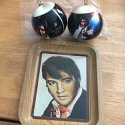  1 Vintage Elvis Presley Picture Tin Tray And 2 Christmas Balls