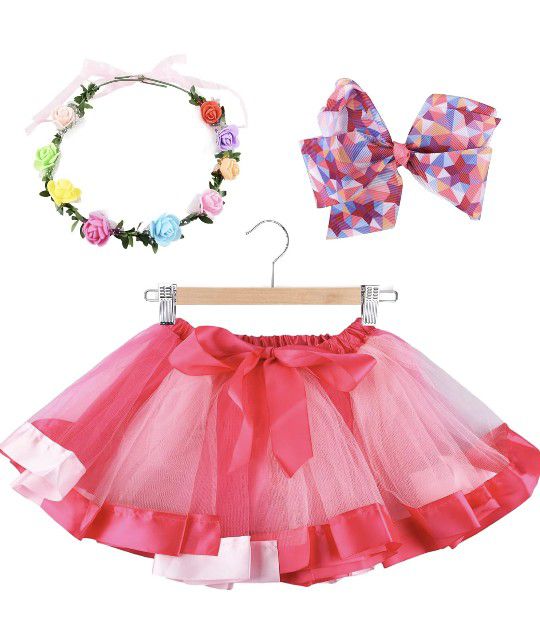 Girls Layered Ballet Tulle Rainbow Tutu Skirt, Colorful Tutu Costume Set for Girls with Hair Bow & Wreath, Birthday Party Tutu Skirt Sets For Toddler 
