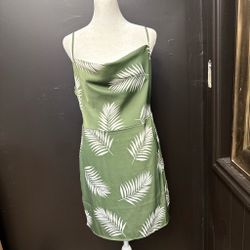 Forever 21 Olive Green Tropical Palm Print Satin Slip Dress Size L