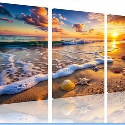 TutuBeer 3 Panels Beach Picture Beach Wall Art Blue Sea Sunset with Starfish Ocean Canvas Painting Sea Artwork for Walls Seascape the Pictures for Hom