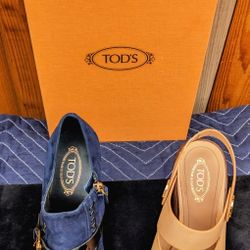 Tod's (Mismatched) Pair Of Blue Suede Zipper/Tan Leather Open Heels - Size 6.5(EU 37) -Made In Italy Condition is New with box