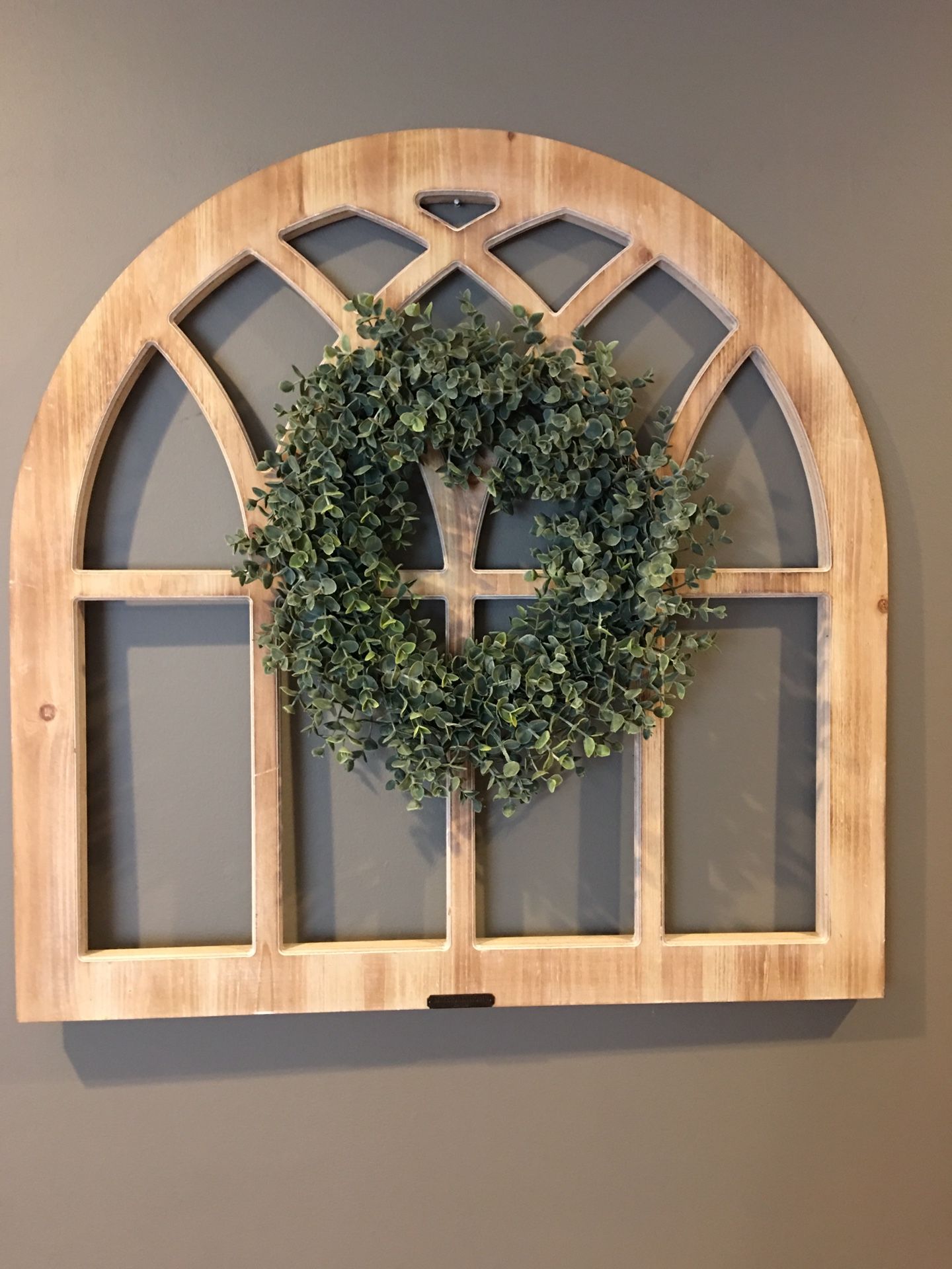 Magnolia Home Arched Wood Window Wall Decor couch table chair art bed dresser