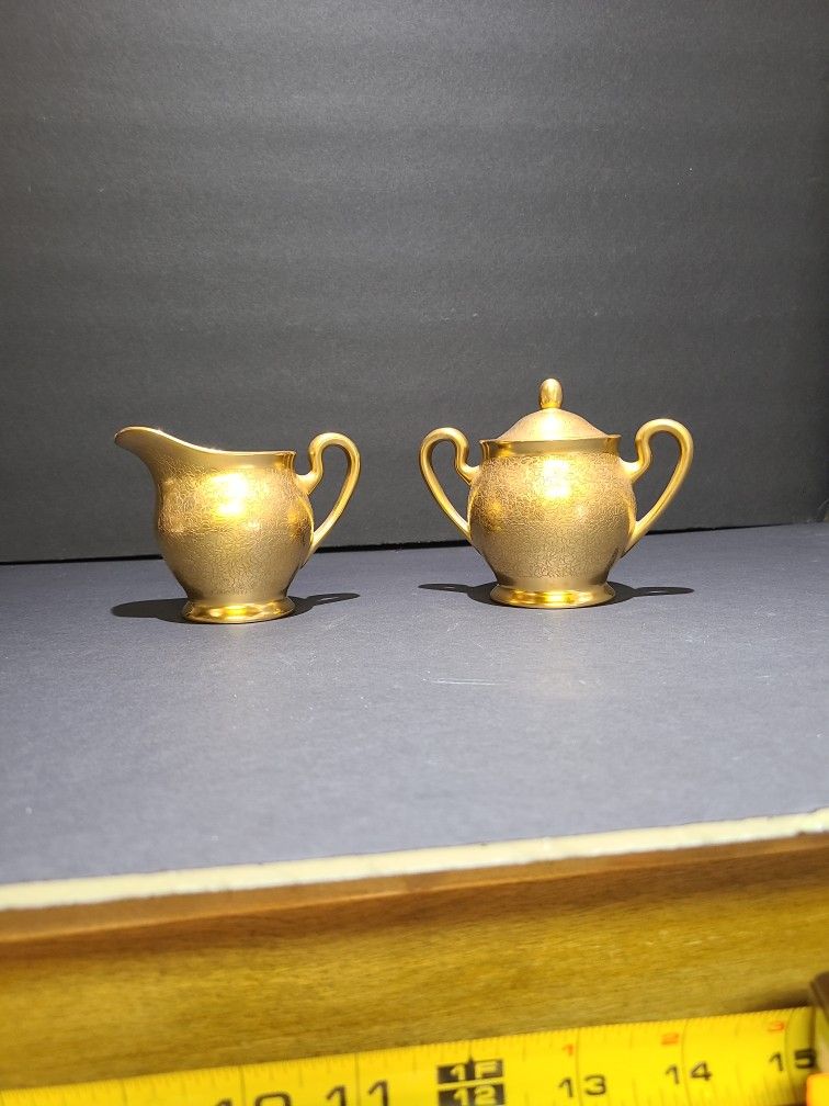 Pickard Rose & Daisy Gold Embossed Creamer & Sugar